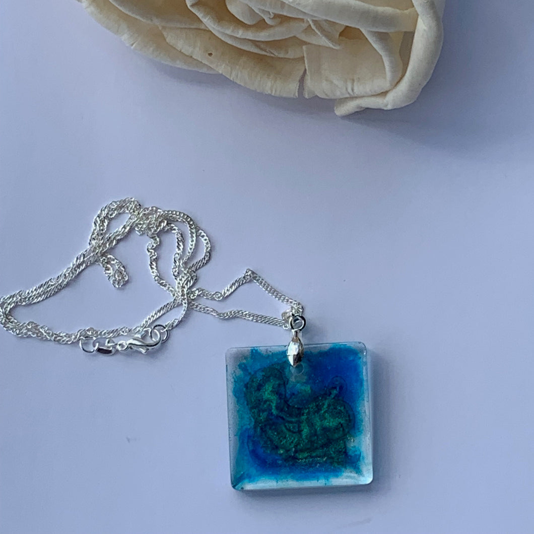Alcohol Ink Resin Blue Square Pendant Necklace