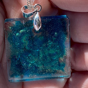 Alcohol Ink Resin Blue Square Pendant Necklace