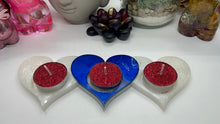 Load image into Gallery viewer, Blue and White Triple Heart Tea Light Holder