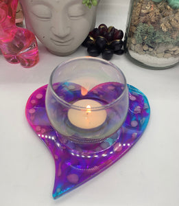 Teal and Magenta Heart Candle Dish