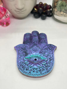 Teal and Purple Hand Of Fatima Incense Holder