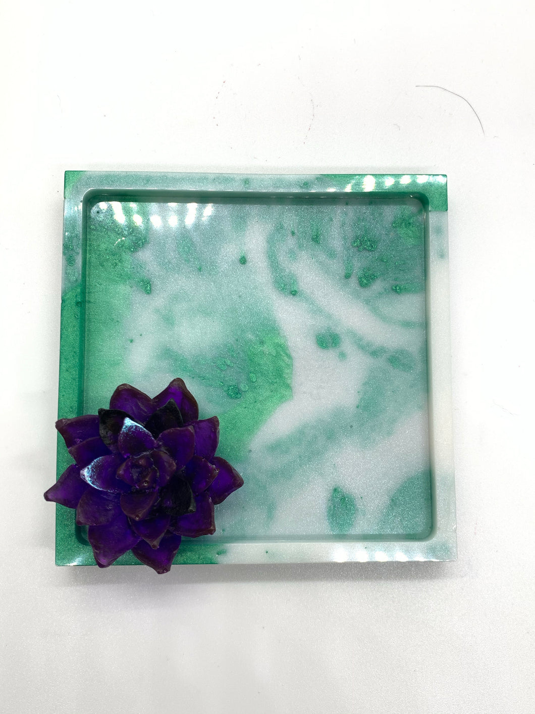 Green and White Succulent Square Jewelry Dish