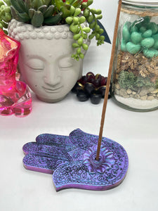 Teal and Purple Hand Of Fatima Incense Holder